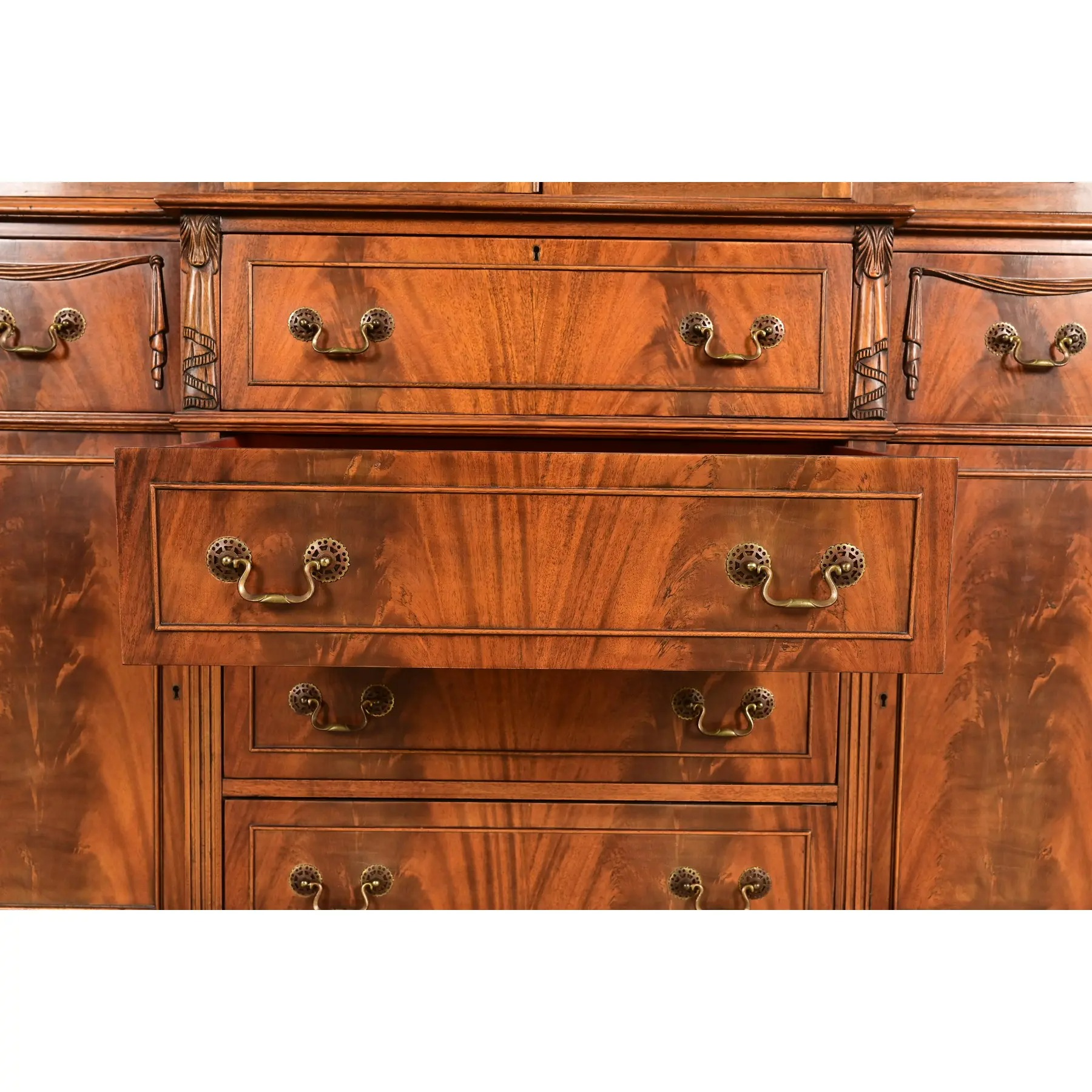 Baker Furniture Style Regency Flame Mahogany Lighted Breakfront Bookcase Cabinet With Drop Front Secretary Desk, Circa 1940s - Image 8