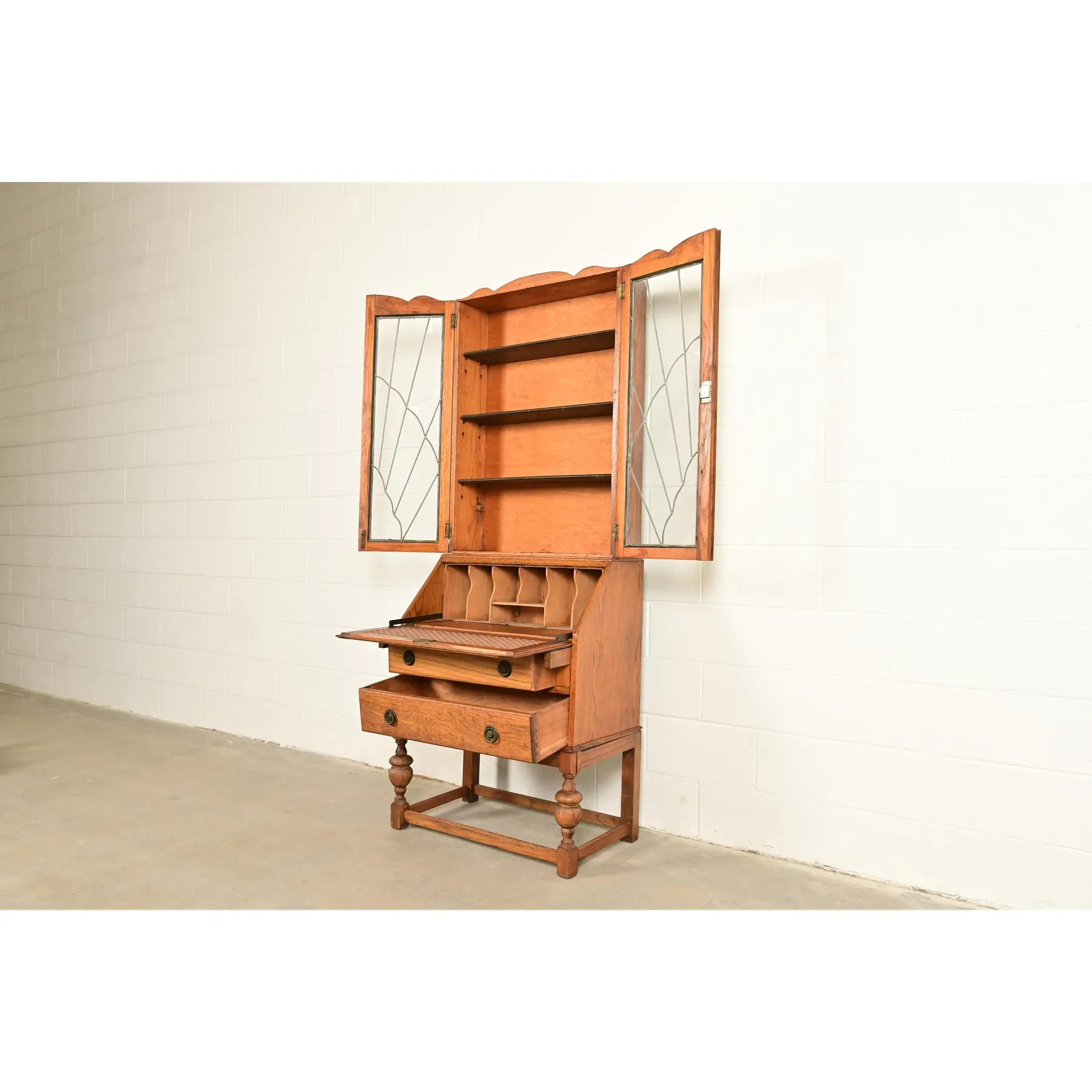 Antique English Art Deco Carved Oak Drop Front Secretary Desk With Leaded Glass Bookcase Hutch - Image 6