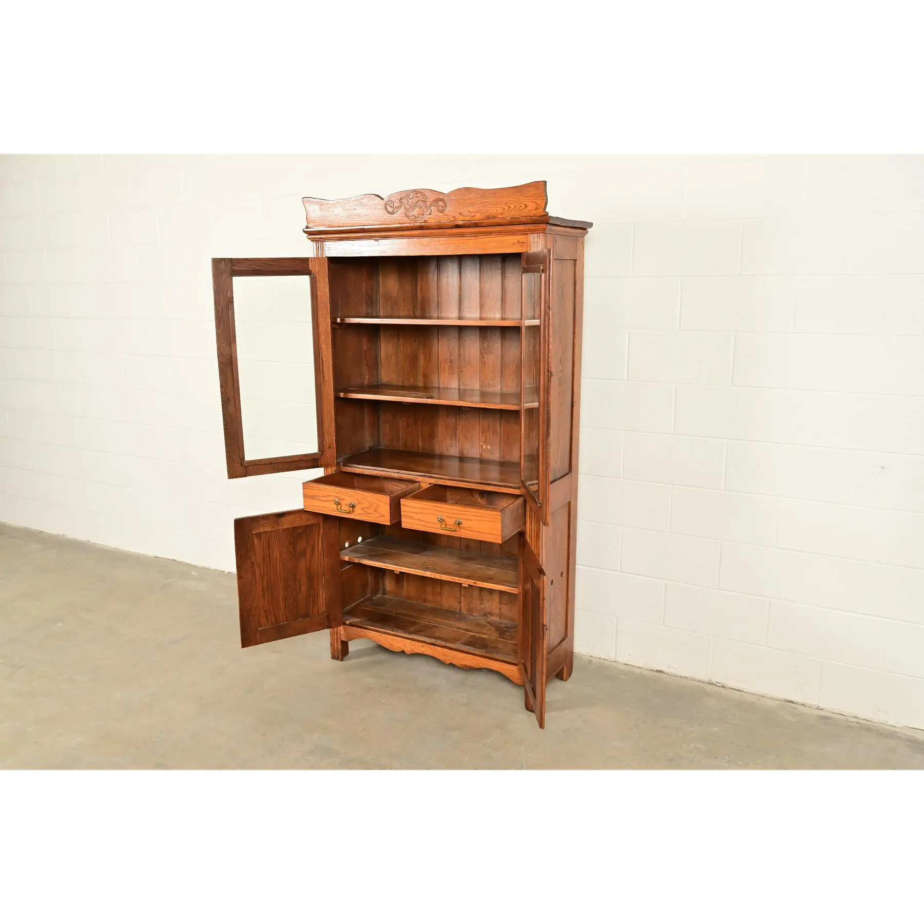 Antique Victorian Carved Oak Glass Front Bookcase or Dining Cabinet, Circa 1900 - Image 6