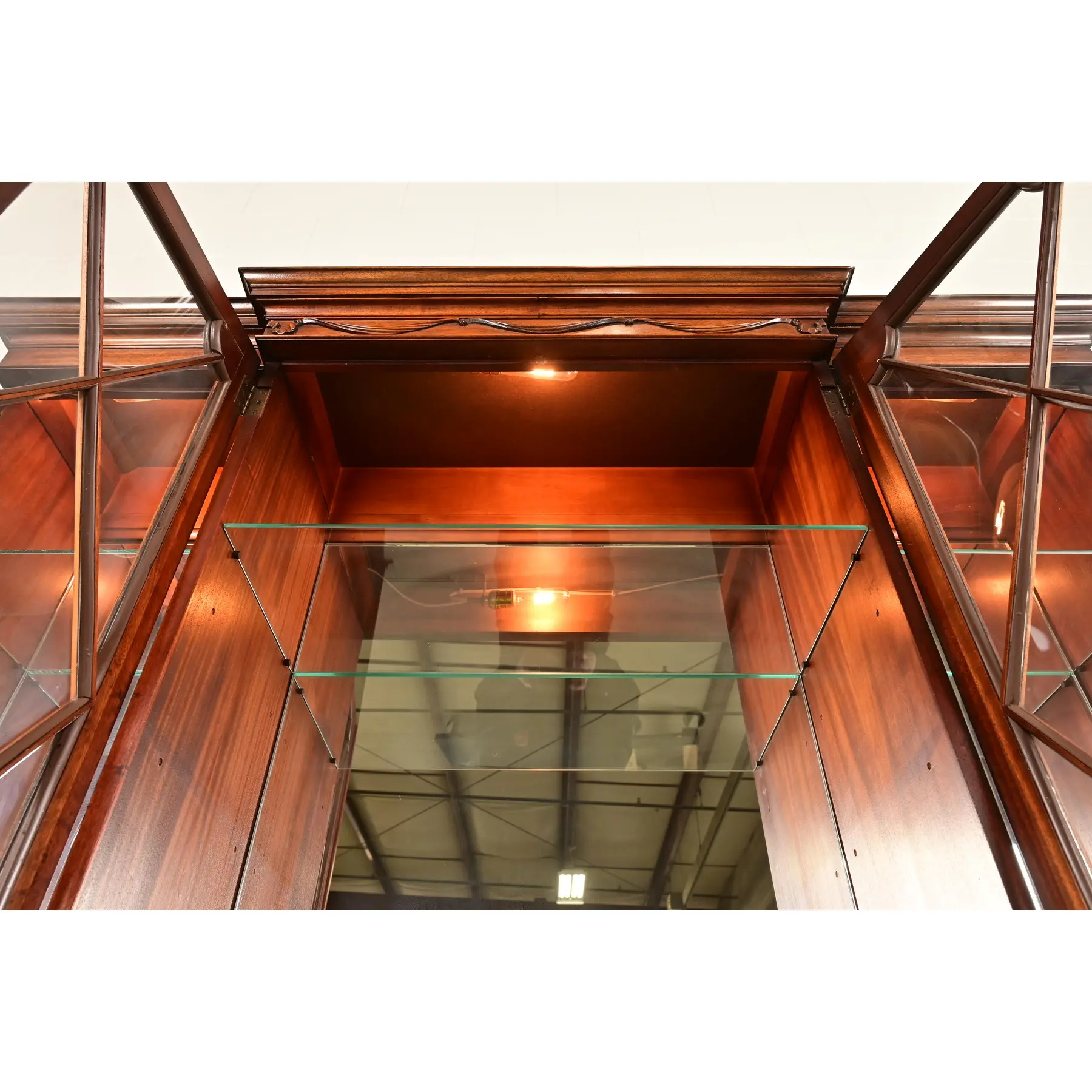 Baker Furniture Style Regency Flame Mahogany Lighted Breakfront Bookcase Cabinet With Drop Front Secretary Desk, Circa 1940s - Image 10