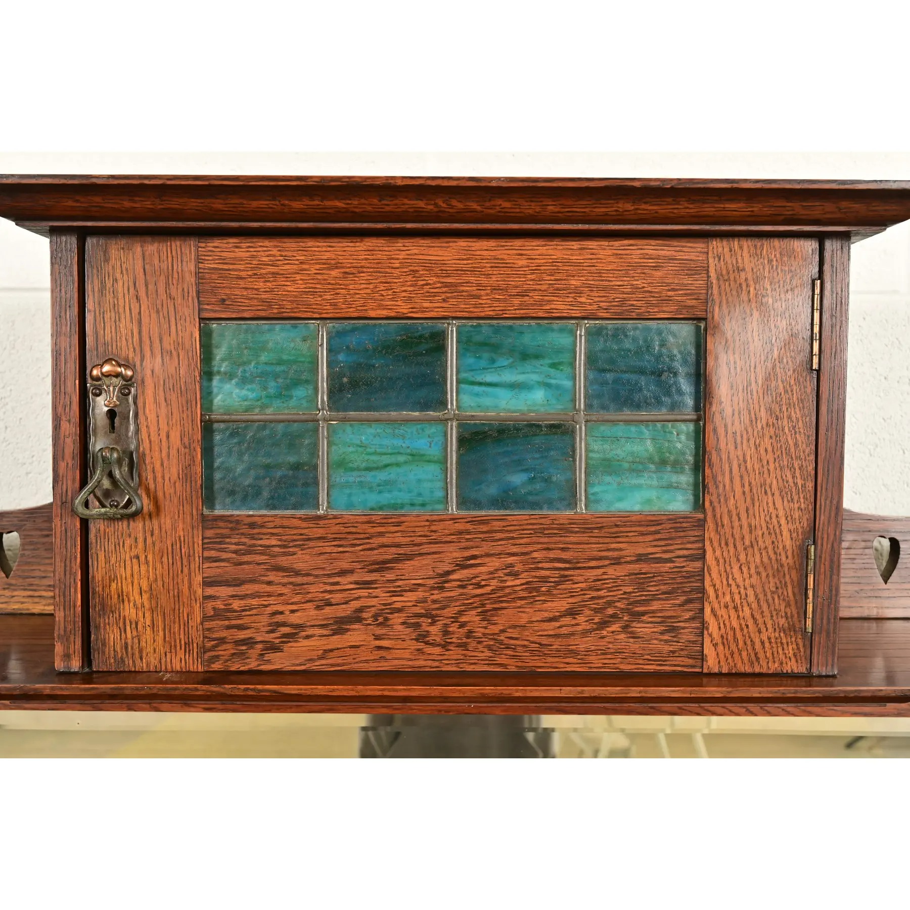 Liberty & Co. Antique English Arts & Crafts Oak Sideboard With Stained Glass Door, Circa 1900 - Image 9