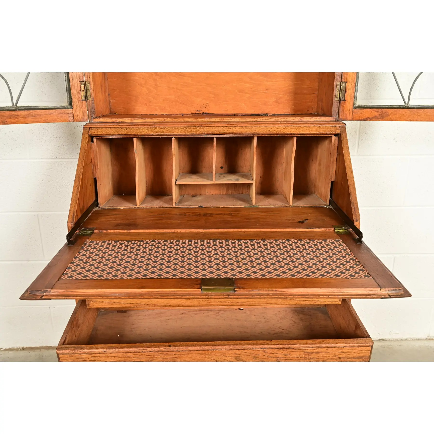 Antique English Art Deco Carved Oak Drop Front Secretary Desk With Leaded Glass Bookcase Hutch - Image 7