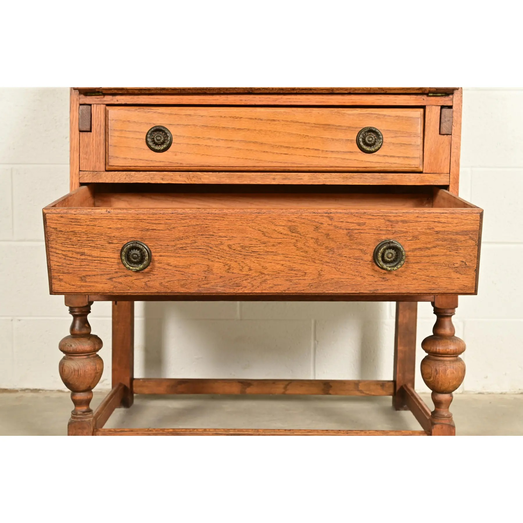 Antique English Art Deco Carved Oak Drop Front Secretary Desk With Leaded Glass Bookcase Hutch - Image 8