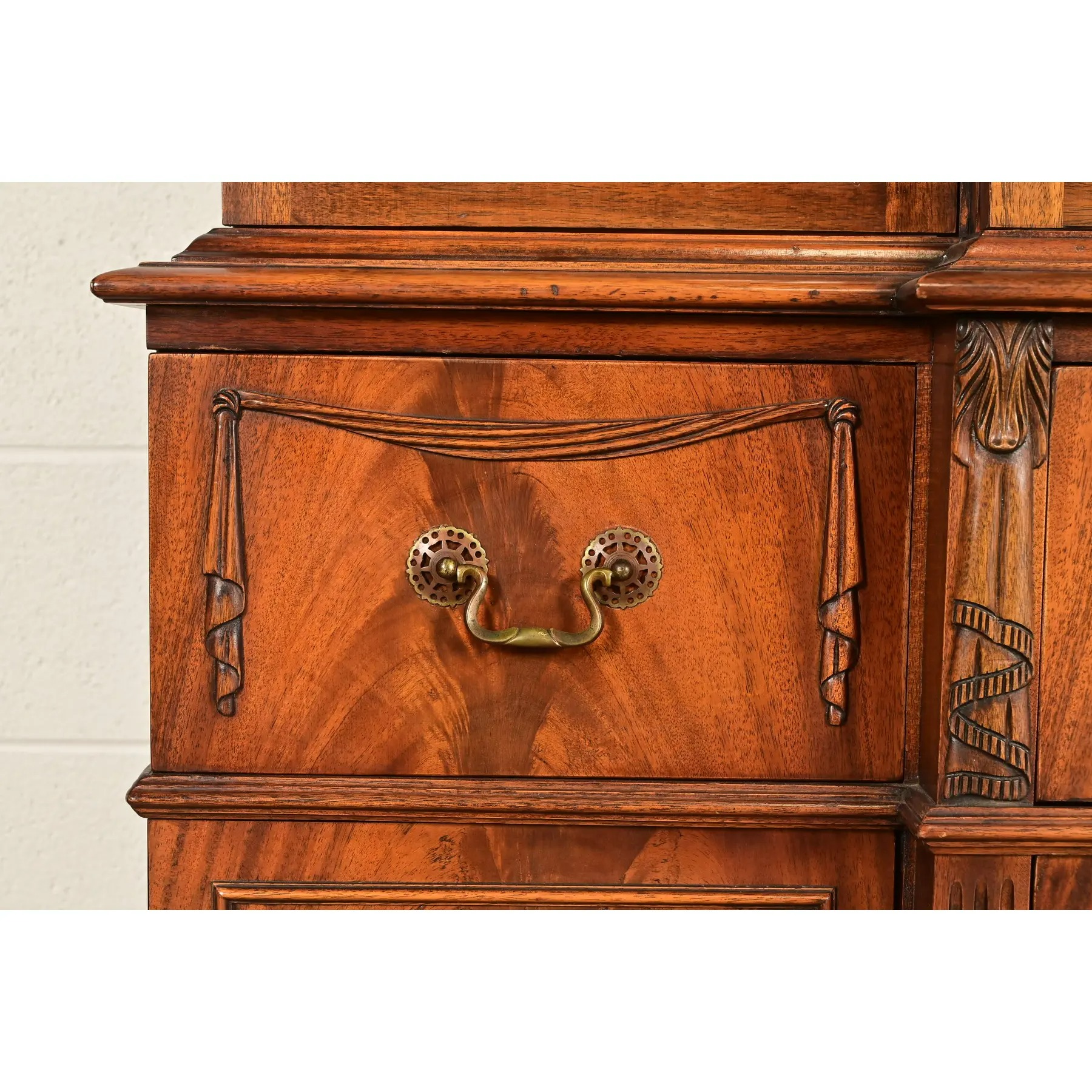 Baker Furniture Style Regency Flame Mahogany Lighted Breakfront Bookcase Cabinet With Drop Front Secretary Desk, Circa 1940s - Image 12