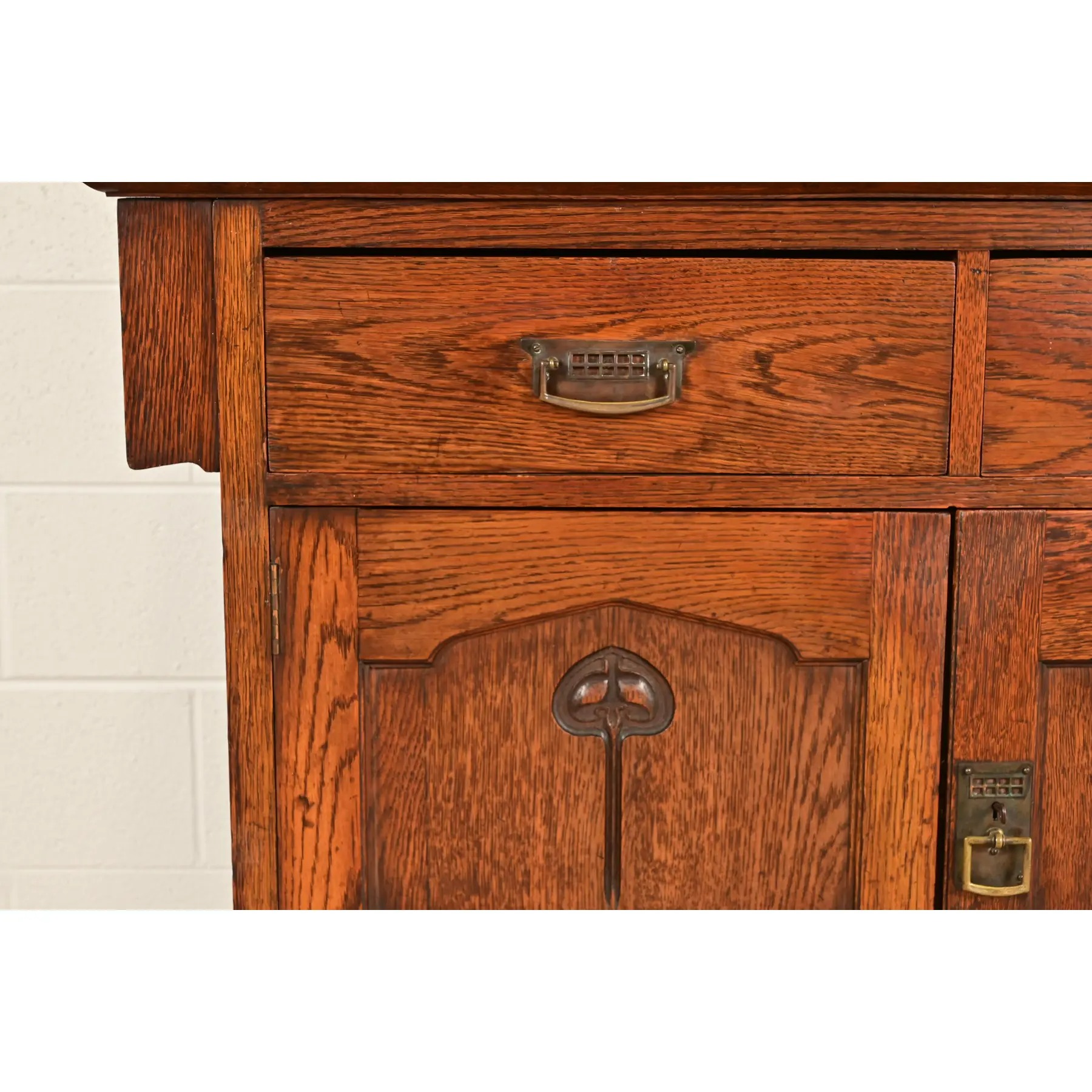 Liberty & Co. Antique English Arts & Crafts Oak Sideboard With Stained Glass Door, Circa 1900 - Image 11