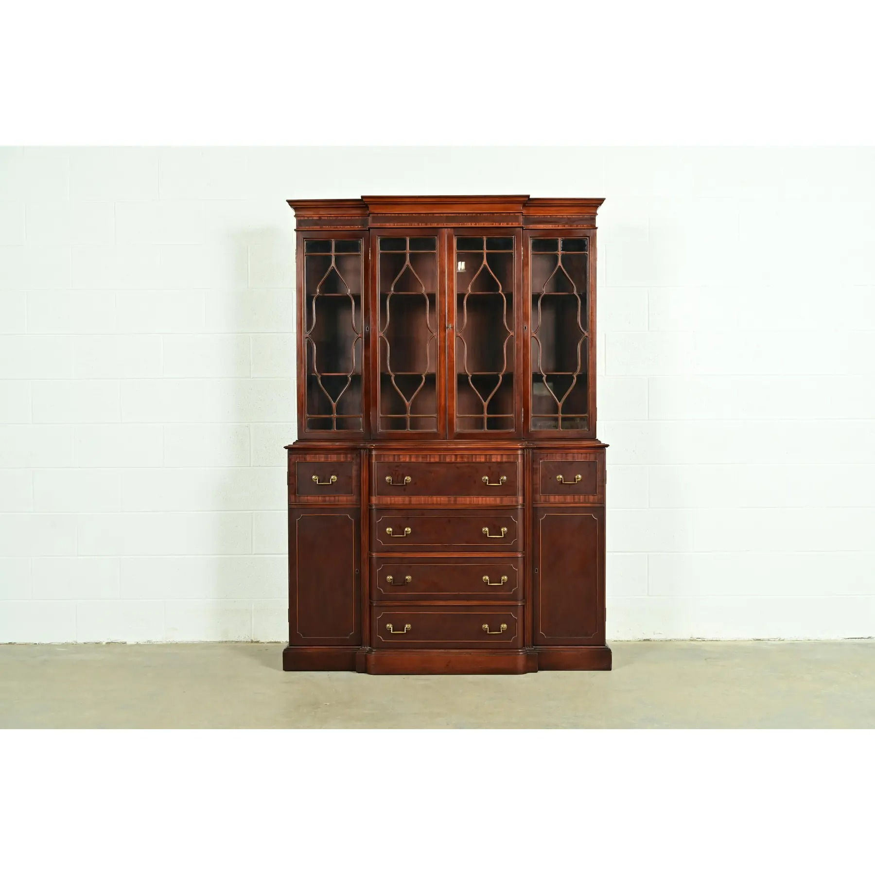 Baker Furniture Style Georgian Banded Mahogany Breakfront Bookcase Cabinet With Drop Front Secretary Desk