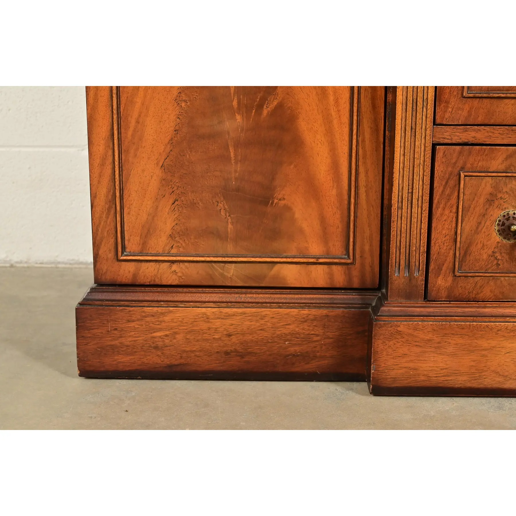 Baker Furniture Style Regency Flame Mahogany Lighted Breakfront Bookcase Cabinet With Drop Front Secretary Desk, Circa 1940s - Image 11