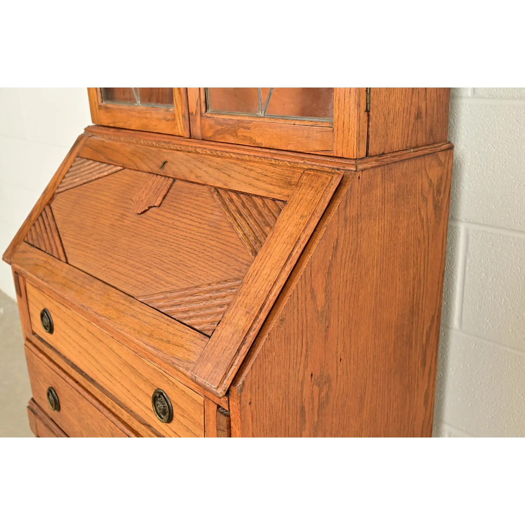 Antique English Art Deco Carved Oak Drop Front Secretary Desk With Leaded Glass Bookcase Hutch - Image 10