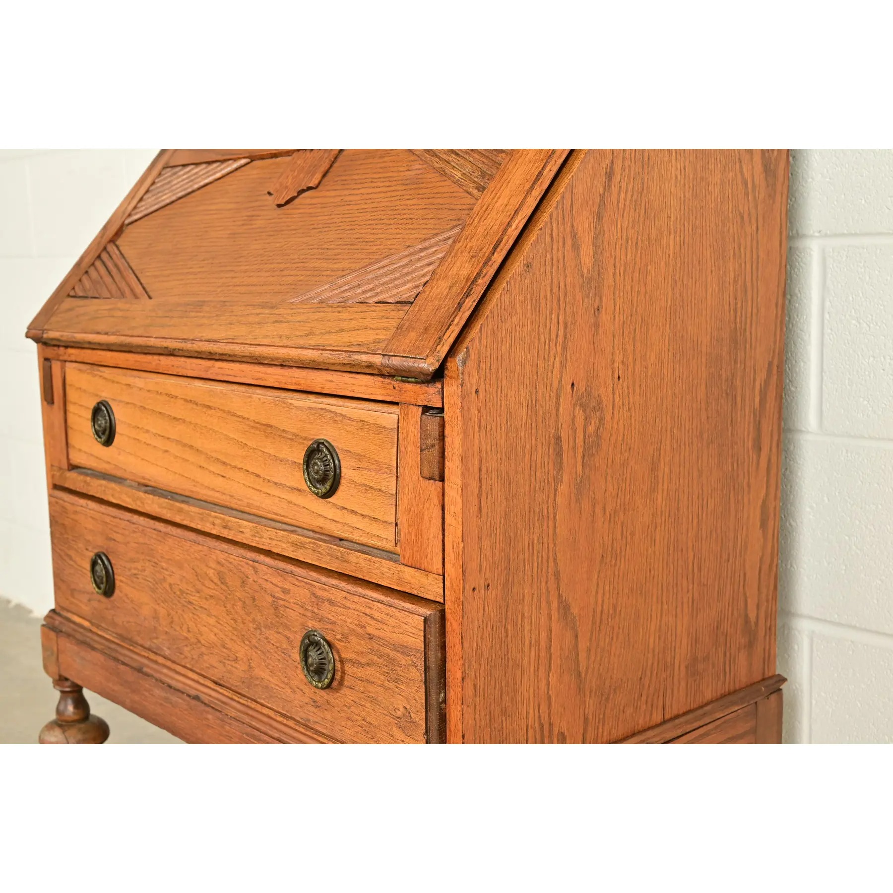 Antique English Art Deco Carved Oak Drop Front Secretary Desk With Leaded Glass Bookcase Hutch - Image 11