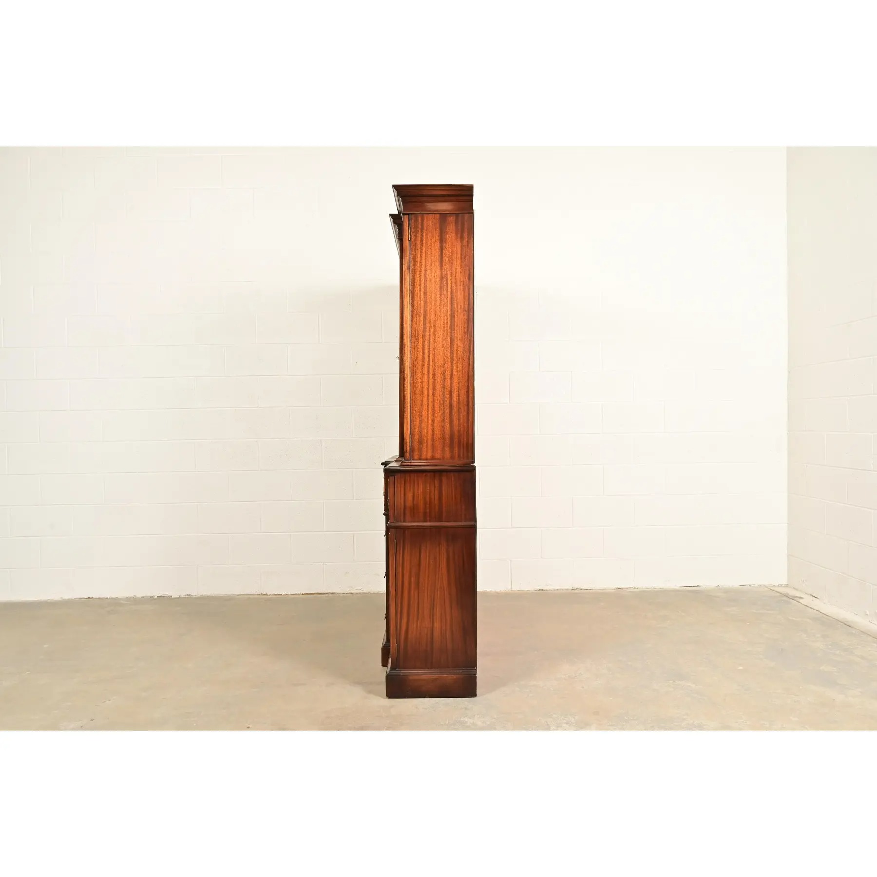 Baker Furniture Style Regency Flame Mahogany Lighted Breakfront Bookcase Cabinet With Drop Front Secretary Desk, Circa 1940s - Image 14