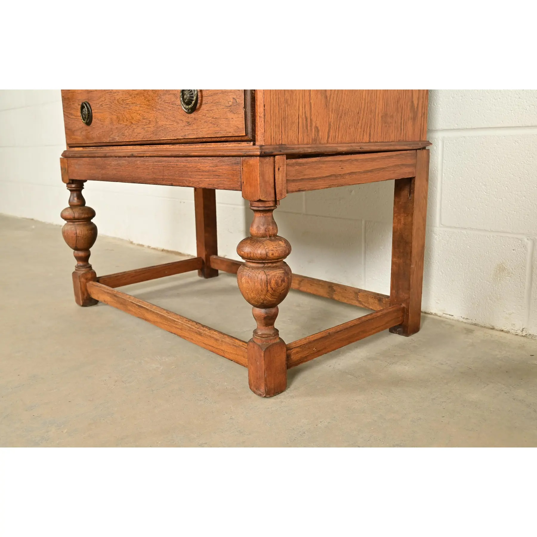Antique English Art Deco Carved Oak Drop Front Secretary Desk With Leaded Glass Bookcase Hutch - Image 12
