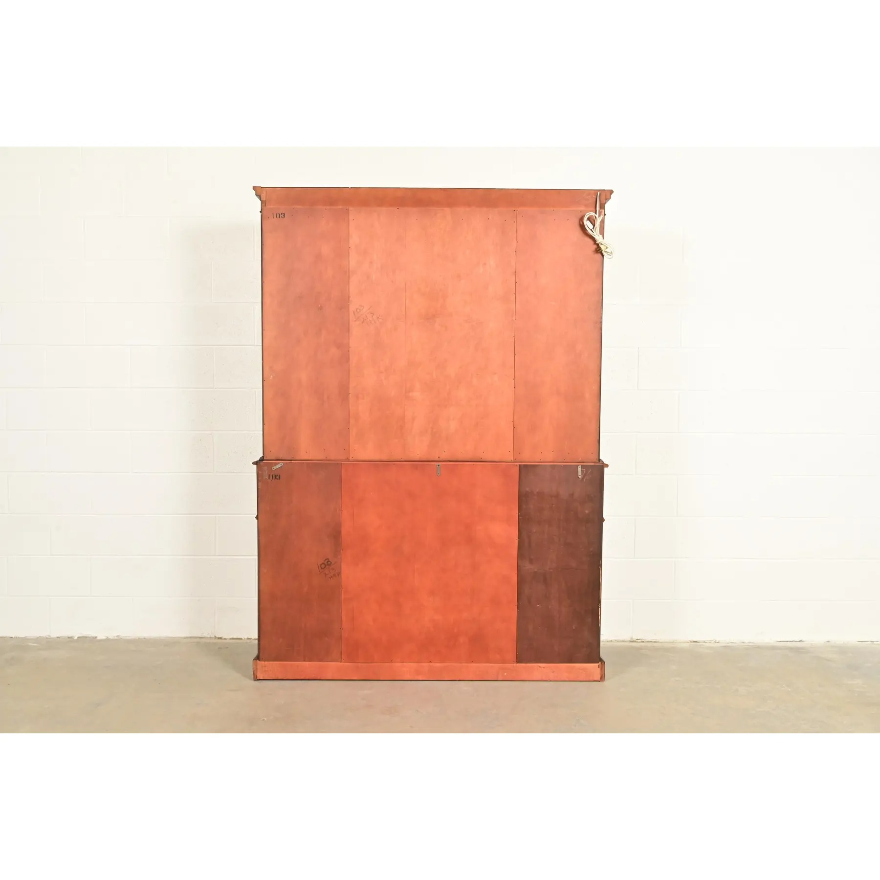Baker Furniture Style Regency Flame Mahogany Lighted Breakfront Bookcase Cabinet With Drop Front Secretary Desk, Circa 1940s - Image 15