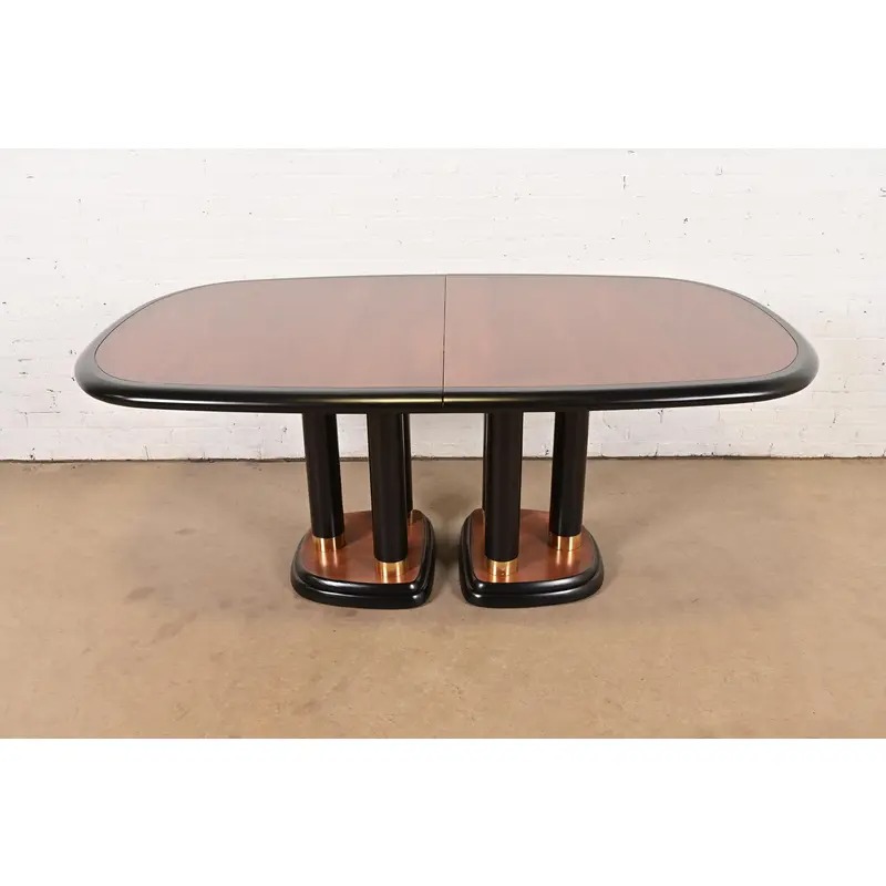 Drexel Heritage Modern Art Deco Walnut and Black Lacquered Double Pedestal Extension Dining Table, Newly Refinished - Image 6