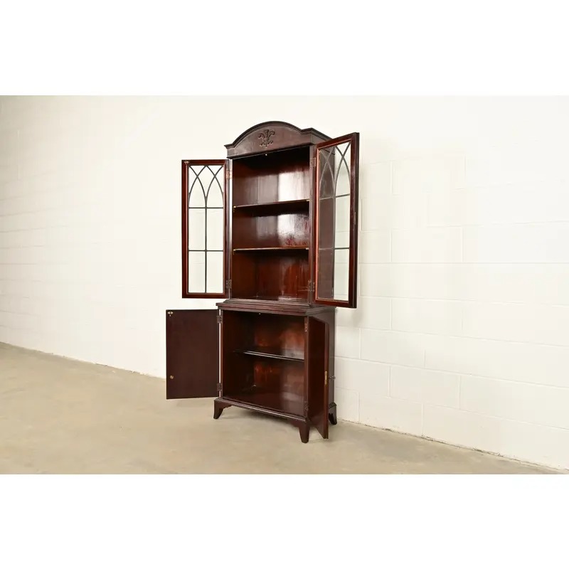 English Regency Antique Carved Mahogany Breakfront Bookcase Cabinet, Circa 1890s - Image 6