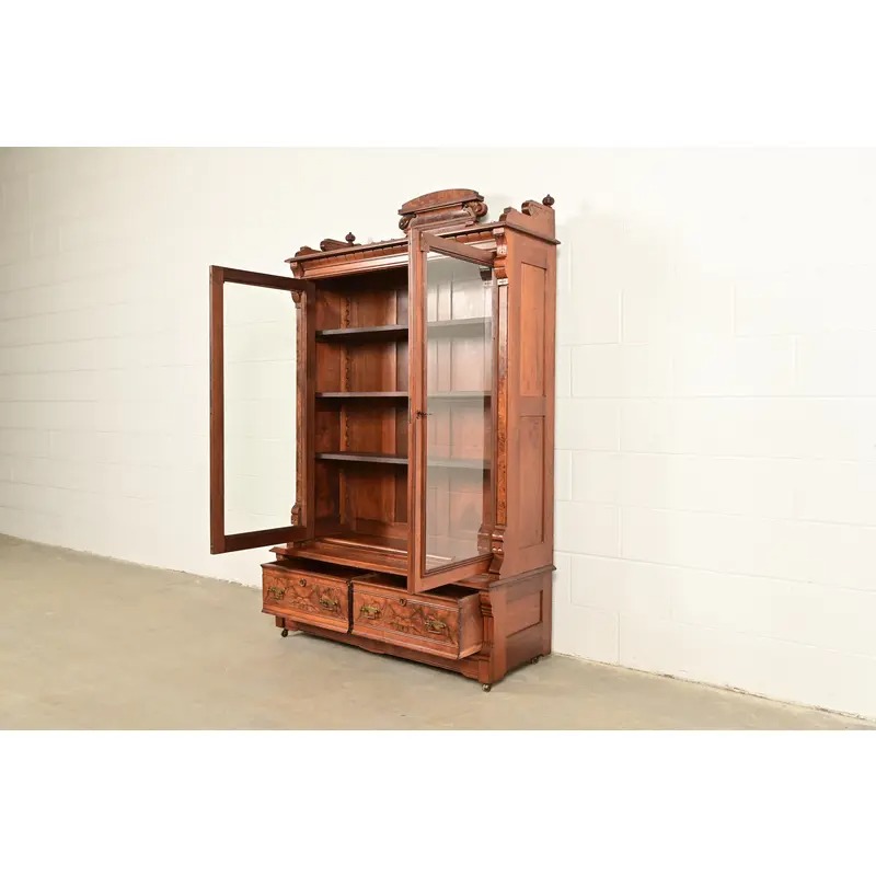 Herter Brothers Style Antique Eastlake Victorian Carved Burled Walnut Bookcase, Circa 1880s - Image 6