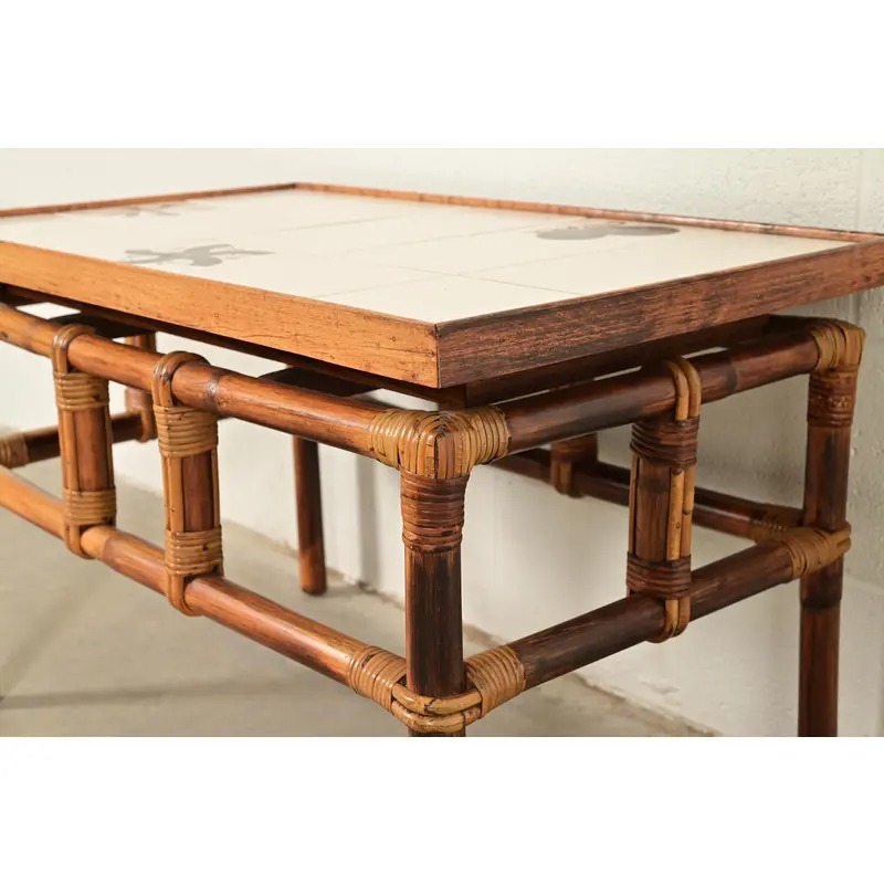 John Wisner for Ficks Reed Mid-Century Hollywood Regency Bamboo Rattan Tile Top Side Table, 1950s - Image 6
