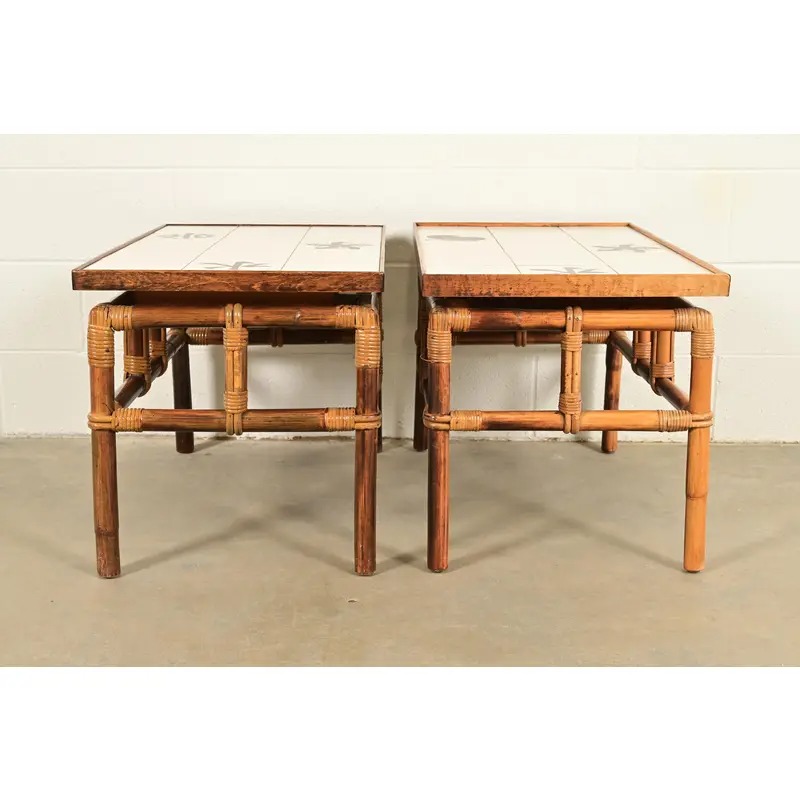 John Wisner for Ficks Reed Mid-Century Hollywood Regency Bamboo Rattan Tile Top Side Tables, 1950s - Image 6