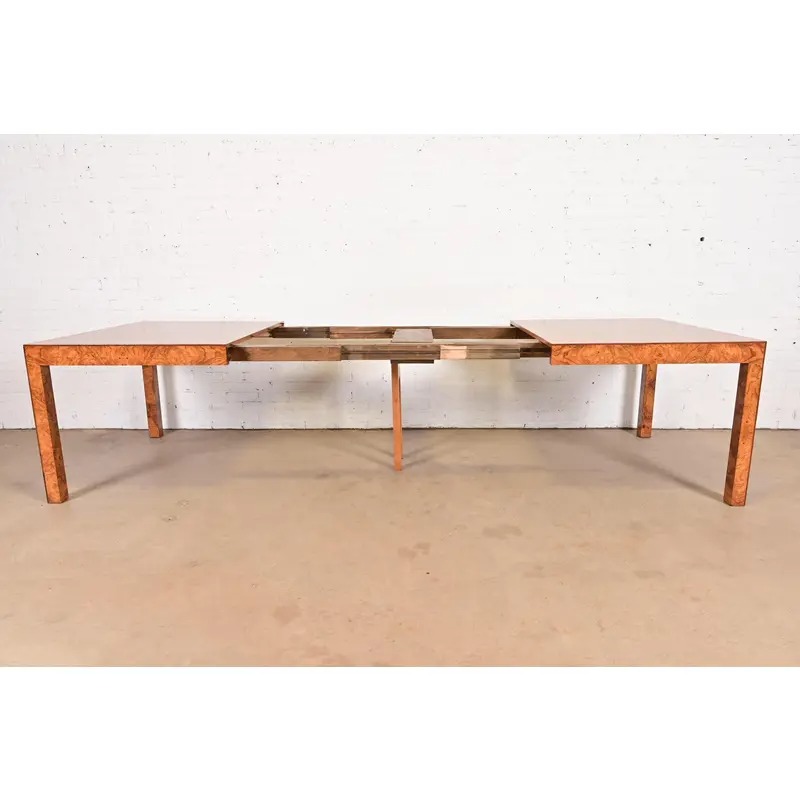 Milo Baughman Style Burl Wood Parsons Extension Dining Table, Newly Refinished - Image 6