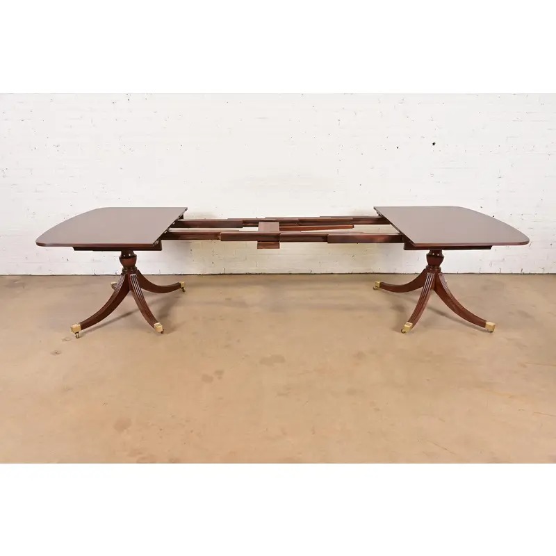 Smith & Watson Georgian Banded Cherry and Burl Wood Double Pedestal Extension Dining Table, Newly Refinished - Image 6
