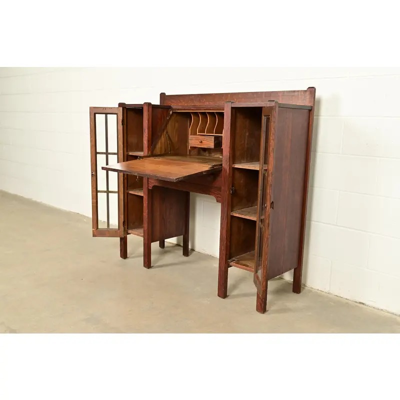 Stickley Brothers Style Antique Mission Oak Arts & Crafts Double Bookcase With Drop Front Secretary Desk, Circa 1910 - Image 6