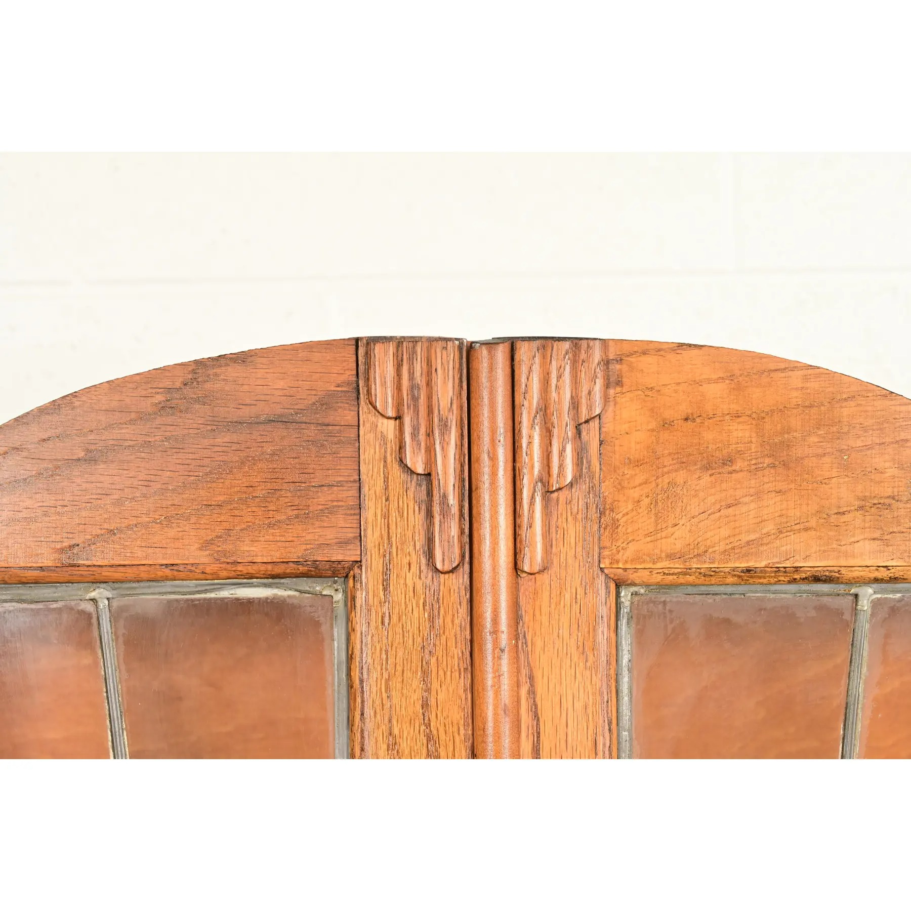 Antique English Art Deco Carved Oak Drop Front Secretary Desk With Leaded Glass Bookcase Hutch - Image 13