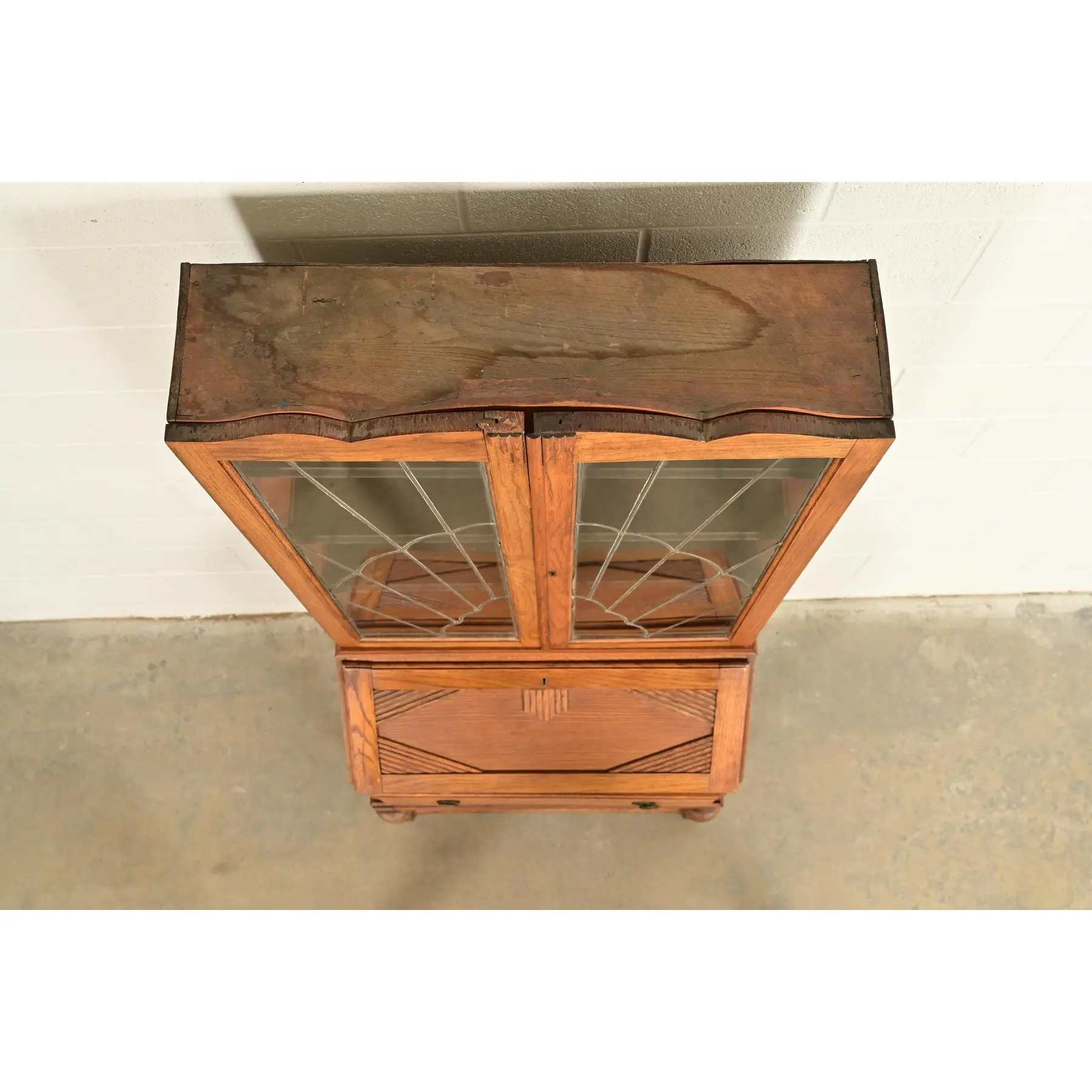 Antique English Art Deco Carved Oak Drop Front Secretary Desk With Leaded Glass Bookcase Hutch - Image 14