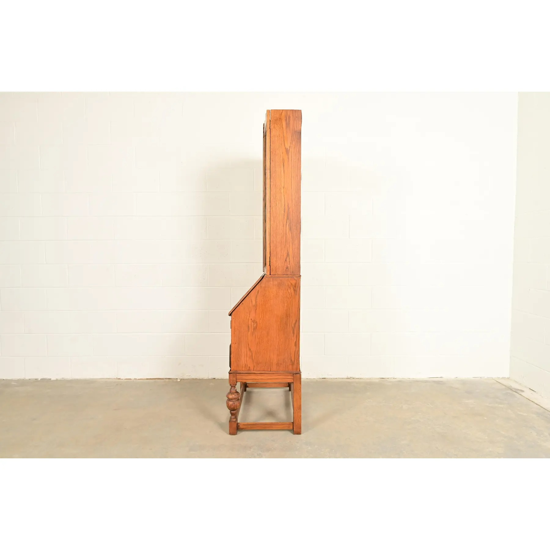 Antique English Art Deco Carved Oak Drop Front Secretary Desk With Leaded Glass Bookcase Hutch - Image 15