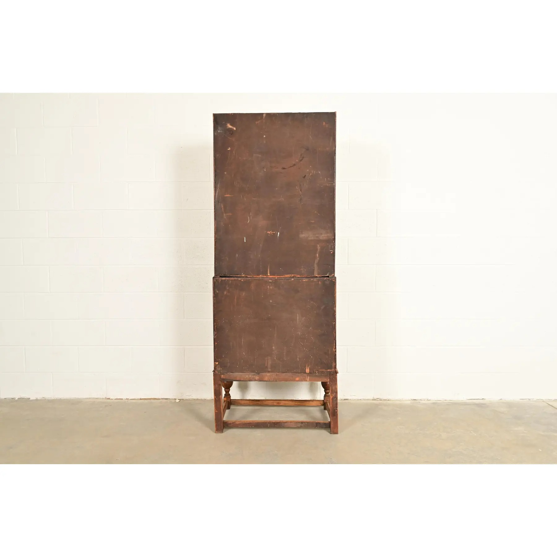 Antique English Art Deco Carved Oak Drop Front Secretary Desk With Leaded Glass Bookcase Hutch - Image 16