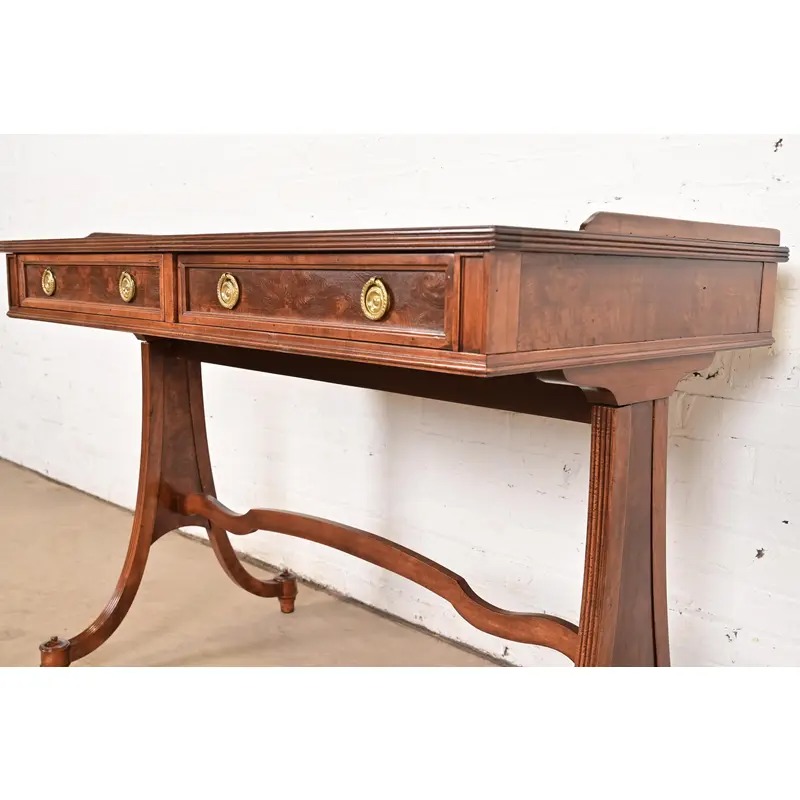 Baker Furniture English Regency Burled Walnut Writing Desk or Console Table, Newly Refinished - Image 7