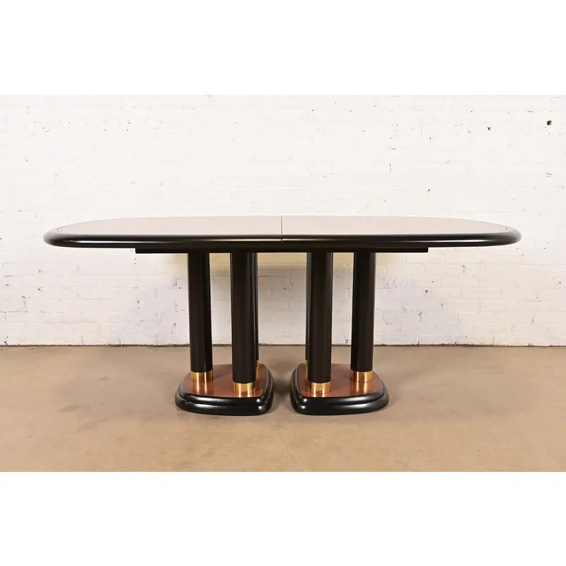 Drexel Heritage Modern Art Deco Walnut and Black Lacquered Double Pedestal Extension Dining Table, Newly Refinished - Image 7