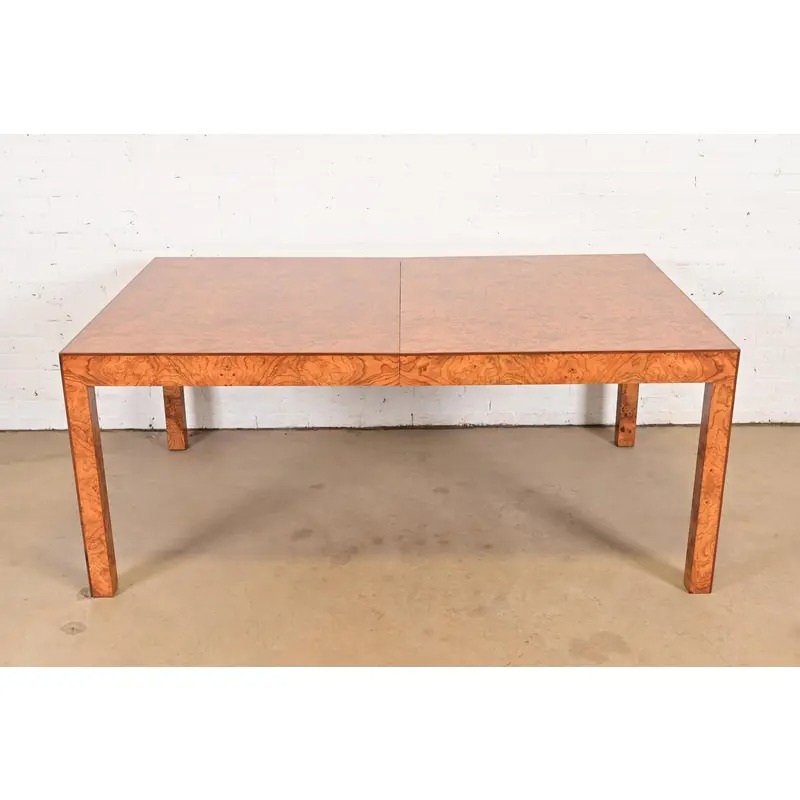 Milo Baughman Style Burl Wood Parsons Extension Dining Table, Newly Refinished - Image 7