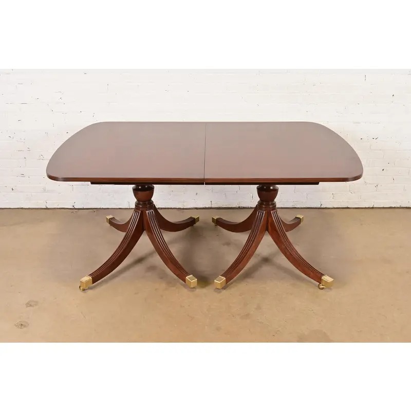 Smith & Watson Georgian Banded Cherry and Burl Wood Double Pedestal Extension Dining Table, Newly Refinished - Image 7
