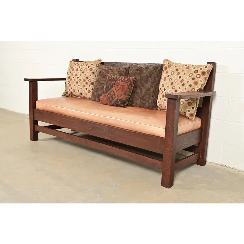 Stickley Brothers Style Antique Mission Oak Arts & Crafts Open Arm Settle Sofa, Circa 1910 - Image 7