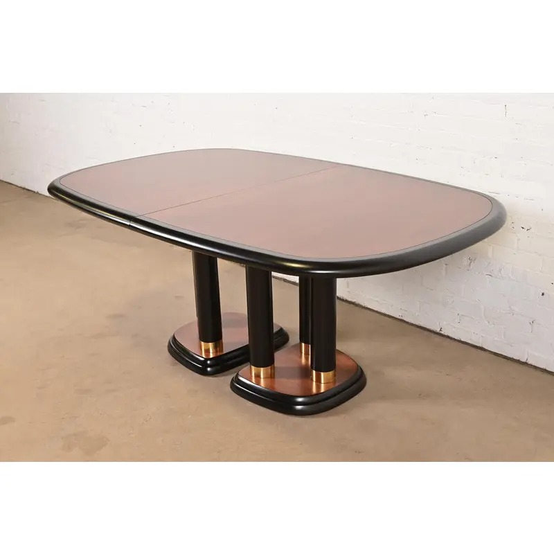 Drexel Heritage Modern Art Deco Walnut and Black Lacquered Double Pedestal Extension Dining Table, Newly Refinished - Image 8
