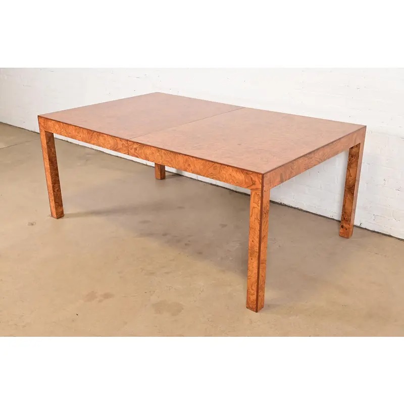 Milo Baughman Style Burl Wood Parsons Extension Dining Table, Newly Refinished - Image 8