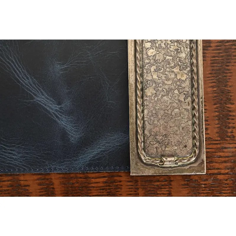 Roycroft Arts & Crafts Silver Finished Hammered Copper Blotter Ends With Leather Desk Blotter - Image 8