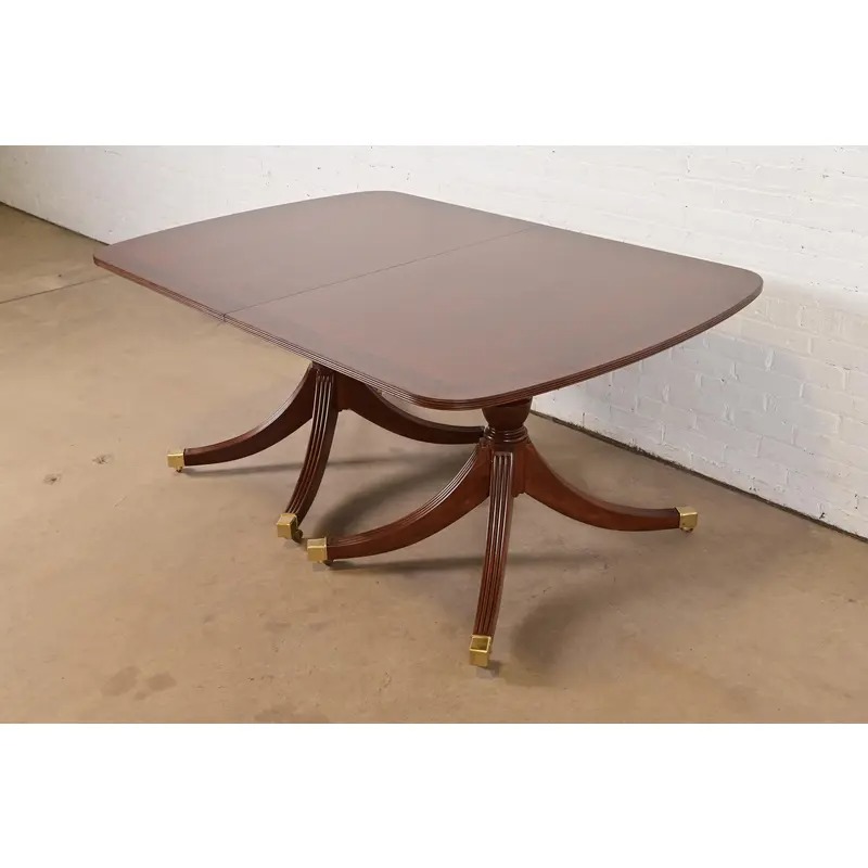 Smith & Watson Georgian Banded Cherry and Burl Wood Double Pedestal Extension Dining Table, Newly Refinished - Image 8