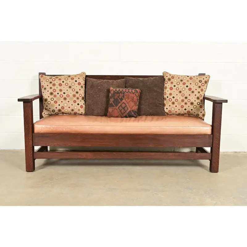 Stickley Brothers Style Antique Mission Oak Arts & Crafts Open Arm Settle Sofa, Circa 1910 - Image 8