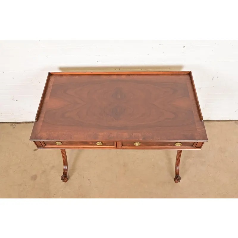 Baker Furniture English Regency Burled Walnut Writing Desk or Console Table, Newly Refinished - Image 9