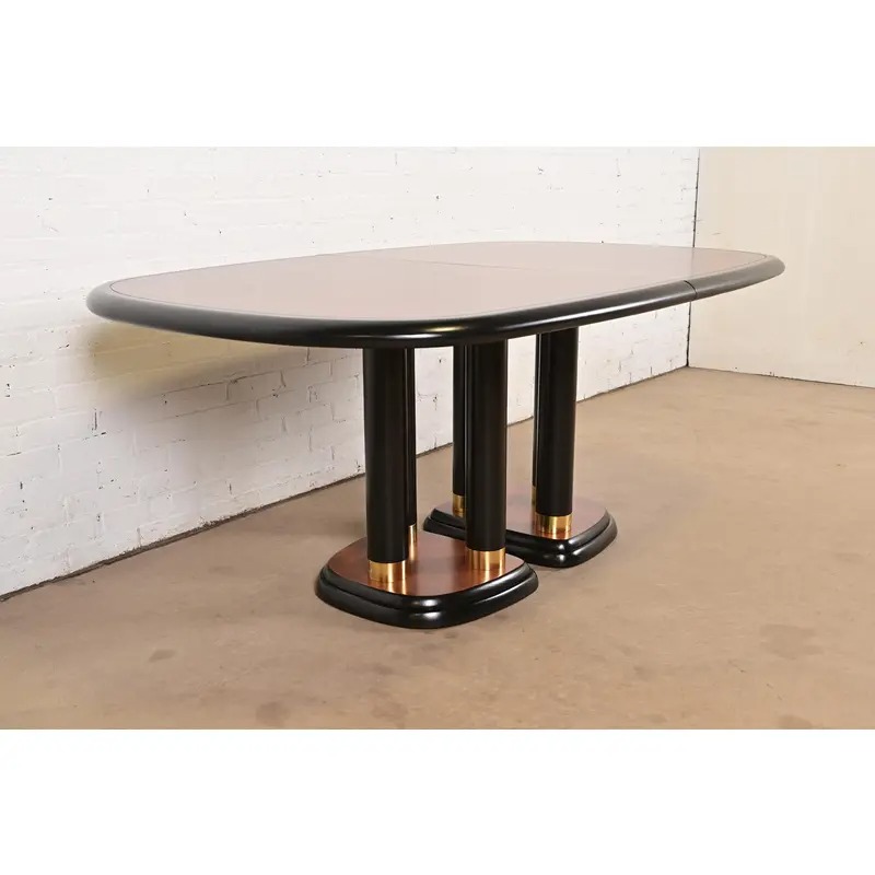 Drexel Heritage Modern Art Deco Walnut and Black Lacquered Double Pedestal Extension Dining Table, Newly Refinished - Image 9