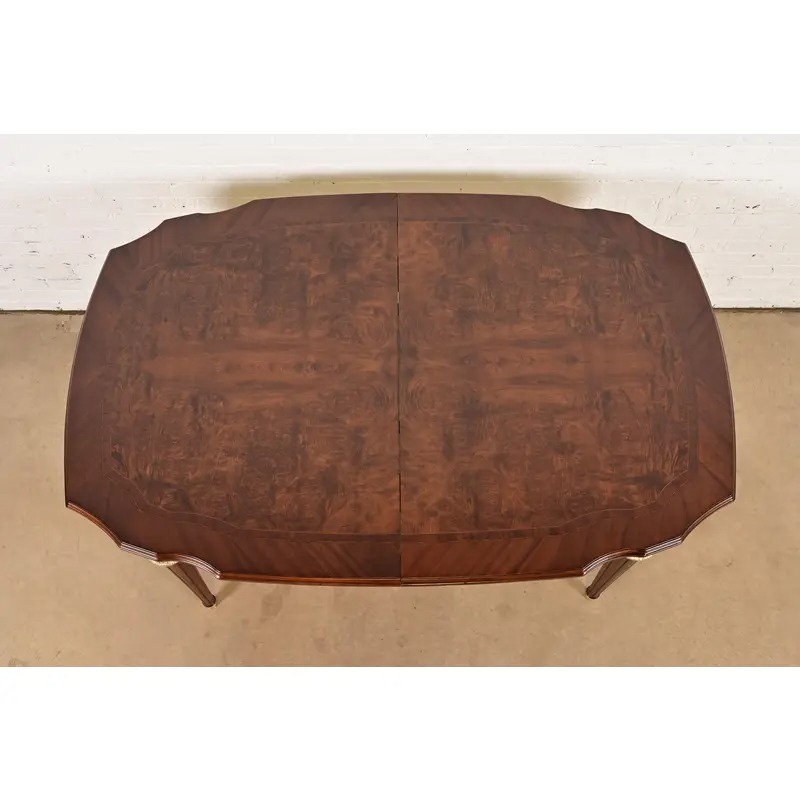 Henredon Style French Regency Louis XVI Carved Mahogany and Burl Wood Extension Dining Table, Newly Refinished - Image 9