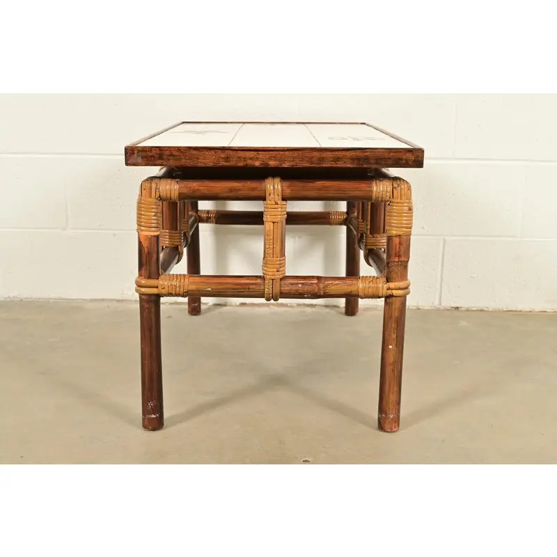 John Wisner for Ficks Reed Mid-Century Hollywood Regency Bamboo Rattan Tile Top Side Table, 1950s - Image 9