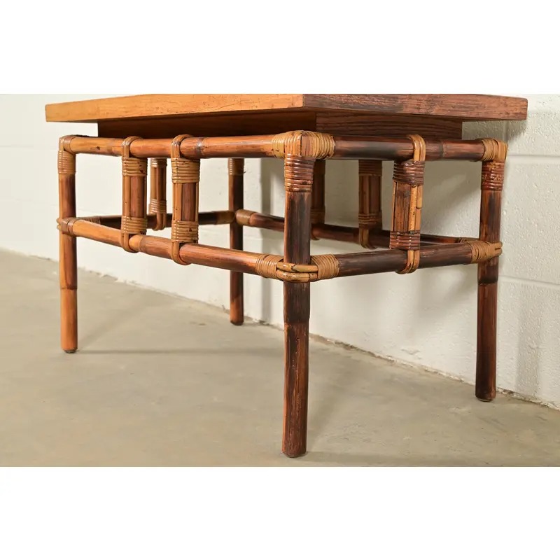 John Wisner for Ficks Reed Mid-Century Hollywood Regency Bamboo Rattan Tile Top Side Tables, 1950s - Image 9