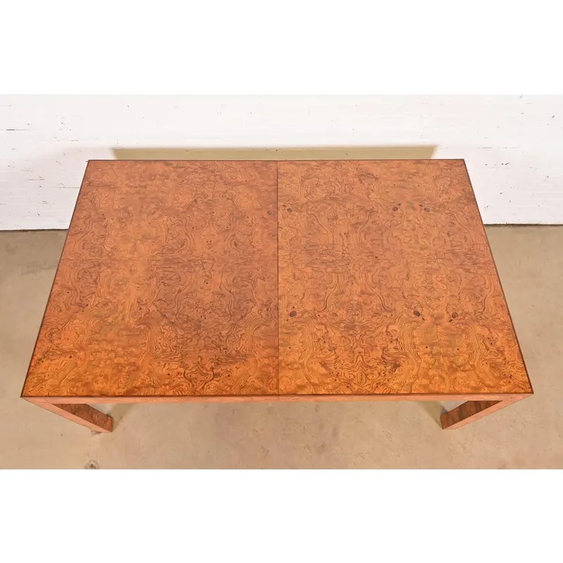 Milo Baughman Style Burl Wood Parsons Extension Dining Table, Newly Refinished - Image 9