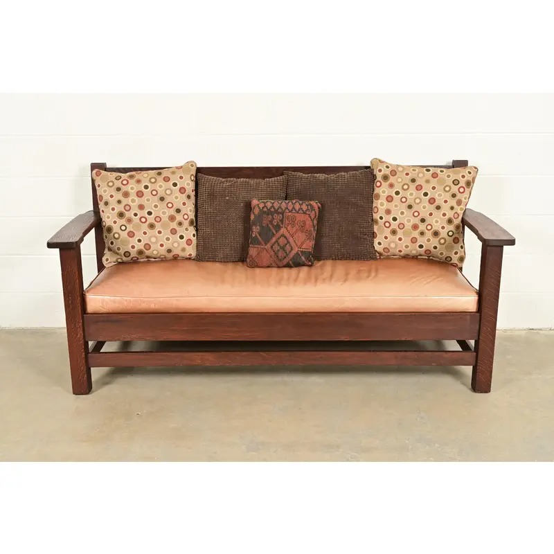 Stickley Brothers Style Antique Mission Oak Arts & Crafts Open Arm Settle Sofa, Circa 1910 - Image 9
