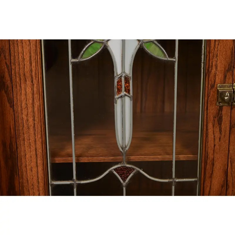 Antique Arts & Crafts Carved Oak Sideboard or Bar Cabinet With Stained Glass Doors, Newly Refinished - Image 10