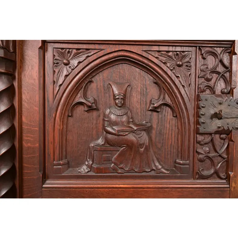 Antique French Gothic Revival Oak Bar Cabinet With Carved Figures, Circa 1890s - Image 10