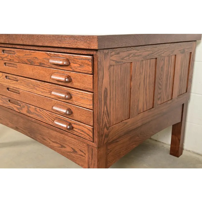 Antique Oak Arts & Crafts 5-Drawer Architect's Blueprint Flat File Cabinet, Newly Refinished - Image 10