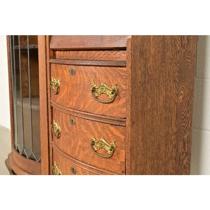 Antique Victorian Carved Tiger Oak Side-by-Side Bookcase With Drop Front Secretary Desk, Circa 1900 - Image 10