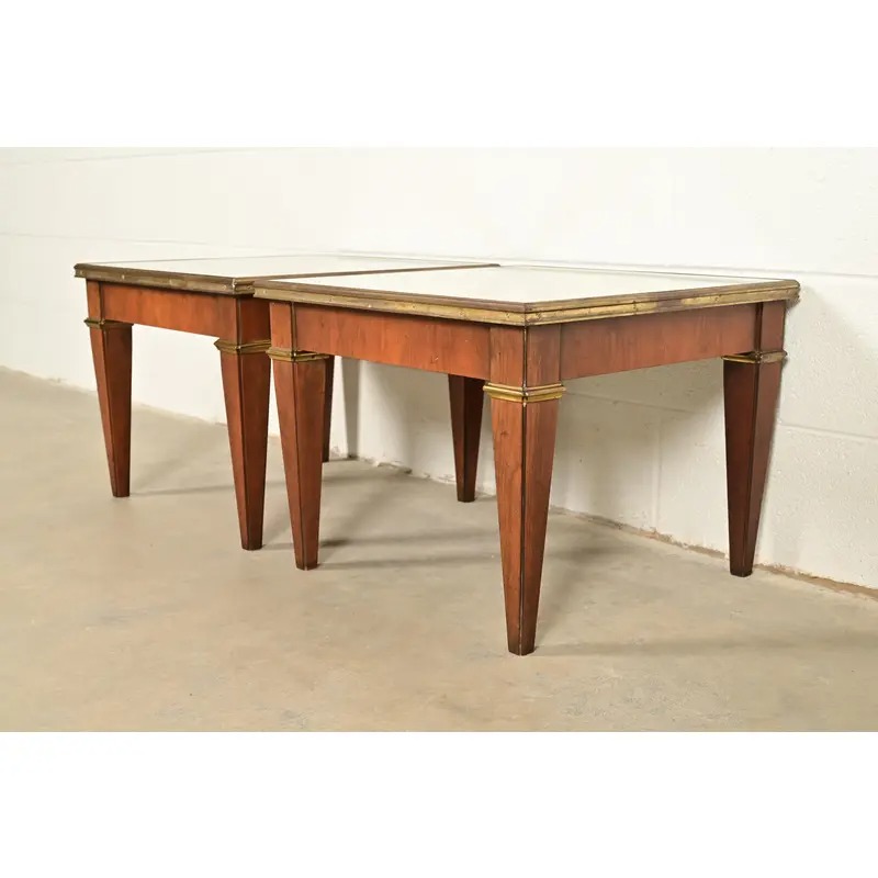Baker Furniture French Regency Louis XVI Cherry, Burl Wood, and Brass Side Tables, Pair